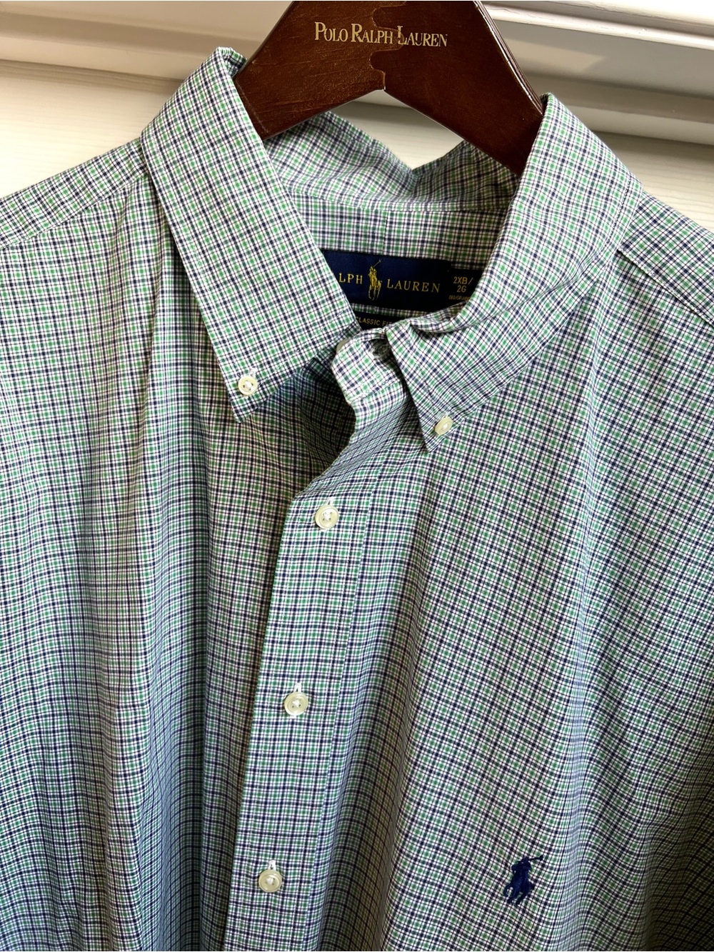 Polo Ralph Lauren Men's Blue and Green Micro-Check Button-Down 2XB Shirt